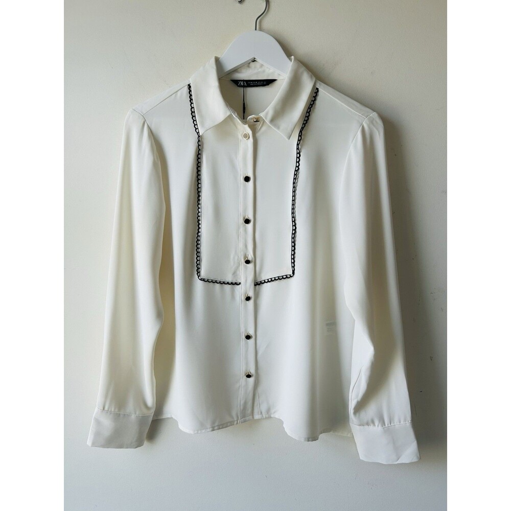 Zara White Long Sleeve Button Down Blouse Size M Scalloped Trimmed Bib Collar